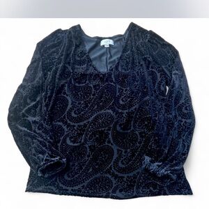 Black Burn Out Paisley V-neck Long Sleeve Velvet Blouse Size Small